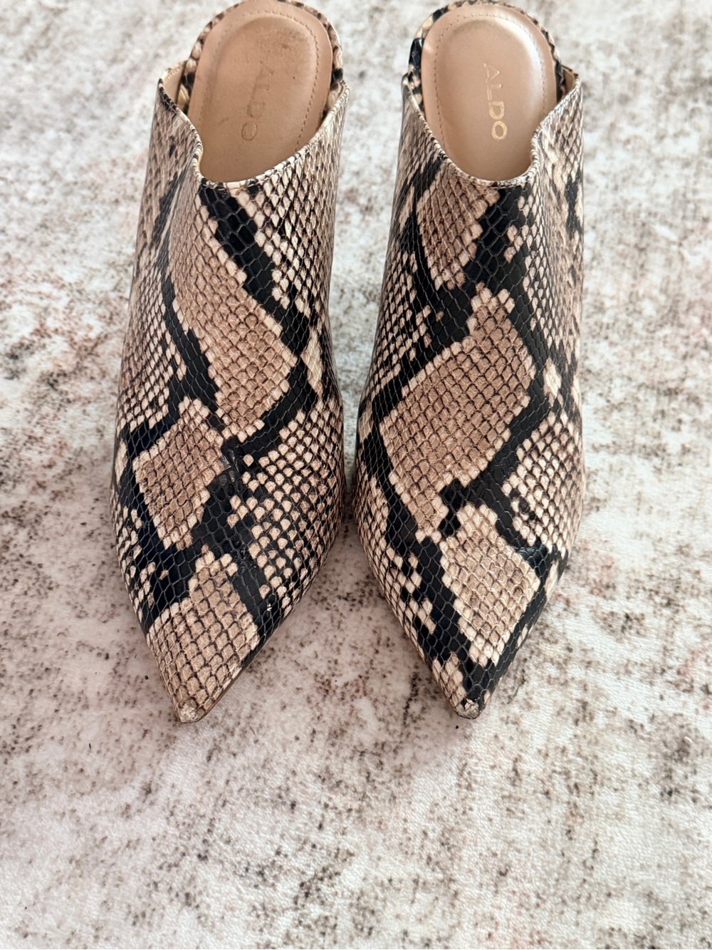 ALDO Beige and Black Snake-Print Pointed Toe Mules